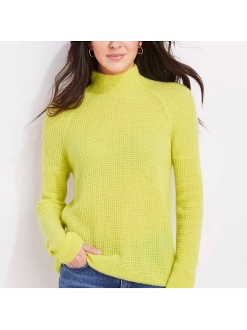 Vineyard Vines Fluorescent Yellow Waffle Knit Mock Neck Cashmere Sweater